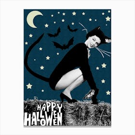 Beautiful Cat Woman Posing On A Fence Under The Moon Canvas Print