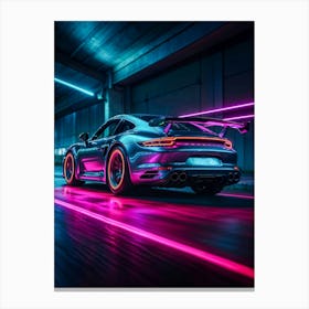 Full speed Porsche 911, neon-lit at night. A turbocharged sports car with cyberpunk aesthetics and luxury racing design. Canvas Print