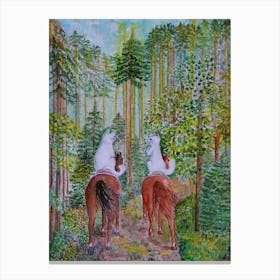 Cats Have Fun Romantic Forest Ride On Horseback Canvas Print