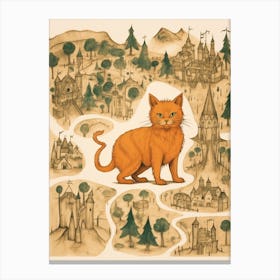 Sepia Medieval Map & Ginger Cat Canvas Print