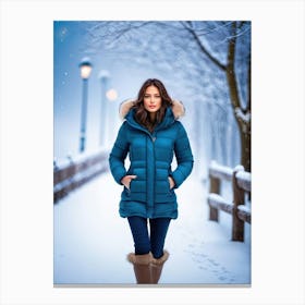 Woman in down jacket walking in a snowy park Canvas Print