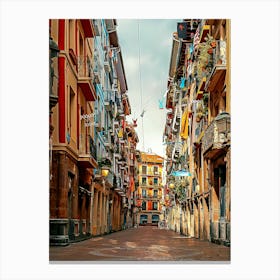 Historic Street With Colorful Buildings In Bilbao Old City, Spain Canvas Print