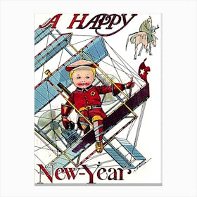 Little Pilot On Airplane Wish You A Happy New Year Canvas Print