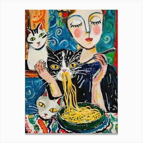 Woman Feeding Cats With Noodles Canvas Print