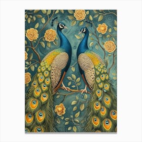 Two Peacocks Floral Wallpaper 3 Canvas Print