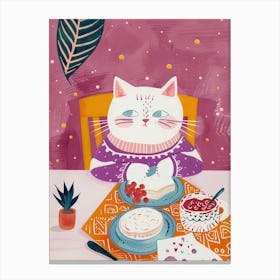 White Cat Having Breakfast Folk Illustration 2 Canvas Print