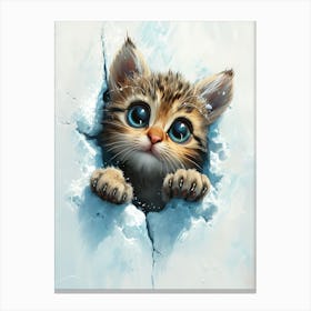 Cute Kitten Cat Peeking From Snow Canvas Print