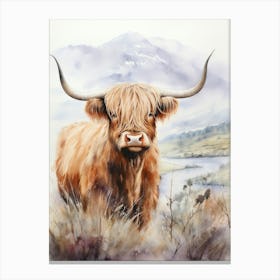 Highland Cow By The Lake Watercolour  2 Canvas Print