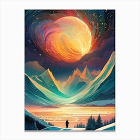 Lapland Northern Lights ~ Full Moon Lunar Aurora Borealis Wall Decor Futuristic Sci-Fi Trippy Surrealism Modern Digital Mandala Awakening Fractals Spiritual Artwork Psychedelic Colorful Cubic Abstract Universe Canvas Print