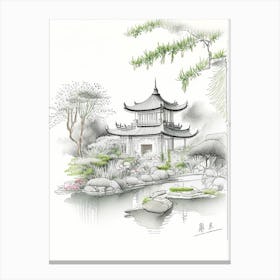 Lan Su Chinese Garden, Usa Vintage Pencil Drawing Canvas Print