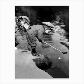 Boy And His Dog Playing Golf, Funny Vintage Black and White Old Photo Toile