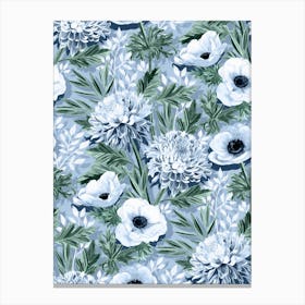 Chrysanthemums And Anemones In Blue And Green Canvas Print