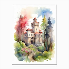 Watercolor Castle In The Forest Canvas Print