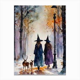 Dear Friends - Witch Best Friends on New Years Day, Witchy Winter Snowing Scene in Deer Woods, Pagan Fairytale Watercolor Art by Lyra The Lavender Witch, Wicca, Witchcraft Spells Magick Beautiful Forest Canvas Print