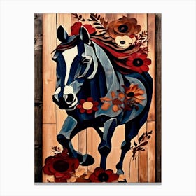 Denim Carved Wood Horse With Flowers Canvas Print