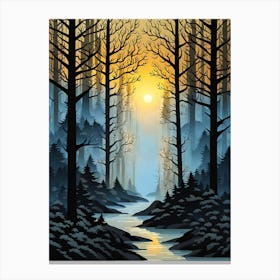 Sunset In The Forest 12, Forest, sunset,   Forest bathed in the warm glow of the setting sun, forest sunset illustration, forest at sunset, sunset forest vector art, sunset, forest painting,dark forest, landscape painting, nature vector art, Forest Sunset art, trees, pines, spruces, and firs, black, blue and yellow Canvas Print