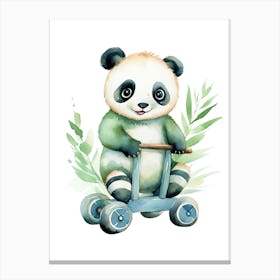 Baby Panda On A Toy Car, Watercolour Nursery 2 Canvas Print