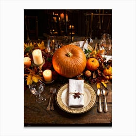 Autumnal Thanksgiving Table Setting Centering An Organic Pumpkin Surrounded By A Bounty Of Golden Canvas Print