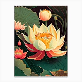 Lotus Flower In Garden Retro Illustration 2 Canvas Print