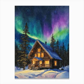 The Northern Lights - Aurora Borealis Rainbow Winter Snow Scene of Lapland Iceland Finland Norway Sweden Forest Lake Watercolor Beautiful Celestial Artwork for Home Gallery Wall Magical Etheral Dreamy Traditional Christmas Greeting Card Painting of Heavenly Fairylights 13 Canvas Print