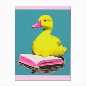 Vibrant Geometric Risograph Style Of A Duck With A Book 3 Canvas Print