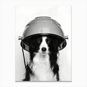 Dog Is Sitting Under The Hood Of An Electric Style Hair Dryer Canvas Print