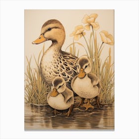 Sweet Ducklings Japanese Woodblock Style 2 Canvas Print