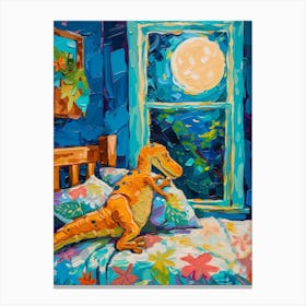 Dinosaur In Bed With Blue Moon Brushstrokes Canvas Print