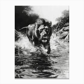 Barbary Lion Charcoal Drawing Crossing A River 3 Canvas Print