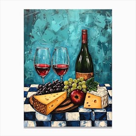 Wine Cheese & Grapes Blue Checkerboard 2 Canvas Print