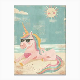 Unicorn Sunbathing On A Beach With The Sun Pastel Storybook Style Canvas Print