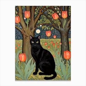 William Morris Black Cat With Tulips Canvas Print