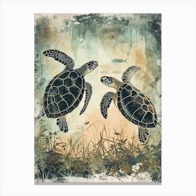 Vintage Sea Turtle Friends Illustration 3 Canvas Print