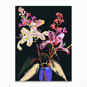 Neon Flowers On Black Lilac 4 Canvas Print