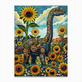 Dinosaur In A Sunflower Field Landscape Painting 2 Canvas Print
