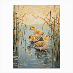 Ducklings With The Pond Weed Japanese Woodblock Style 1 Canvas Print