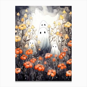 Cute Bedsheet Ghost, Botanical Halloween Watercolour 55 Canvas Print