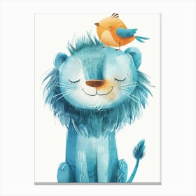 Small Joyful Lion With A Bird On Its Head 12 Canvas Print