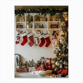 Holiday Shelf Laden With Festive Christmas Decor Includes Crystal Baubles Catching Soft Glow Piec Canvas Print