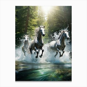 Transparent Water Horses Emerging From A Wild Stream Mid Leap As A Powerful Wave Of Spray Envelops Canvas Print