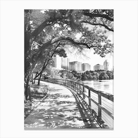 Lady Bird Lake And The Boardwalk Austin Texas Black And White Watercolour 2 Canvas Print