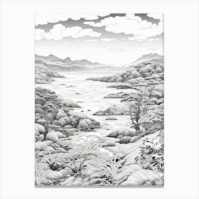 Iriomote Island In Okinawa, Ukiyo E Black And White Line Art Drawing 2 Canvas Print