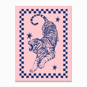 Tiger On Pink | Retro Tiger with Checkerboard Border Canvas Print