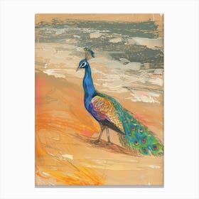 Peacock Walking On The Beach Oil Pastel Inspired Canvas Print