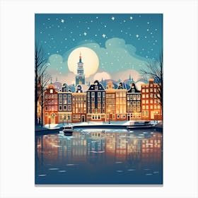 Winter Travel Night Illustration Amsterdam Netherlands 2 Canvas Print