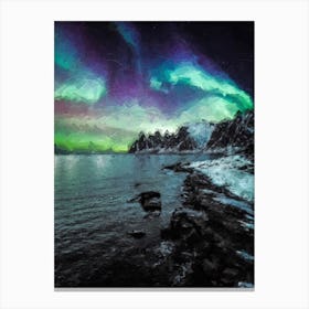 Northern Lights Over The River Oil Painting Landscape Canvas Print