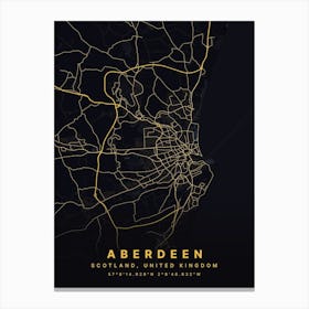 Aberdeen Scotland Black And Gold Map Canvas Print