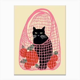 Black Cat In A Pink Bag With Oranges Canvas Print