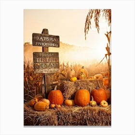 Autumn Harvest Celebration Pumpkins And Gourds Of Various Sizes Nestled In A Straw Bale Mound Flan (3) Canvas Print