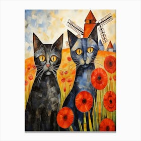Two Cats With Poppies In Front Of A Windmill Canvas Print